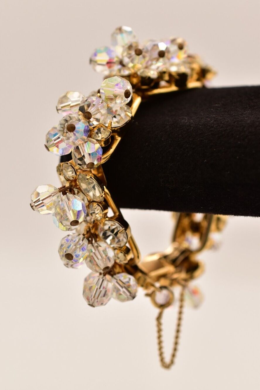 Juliana Vintage Crystal Bracelet Aurora Borealis Dangle Gold Cluster RARE BinAD